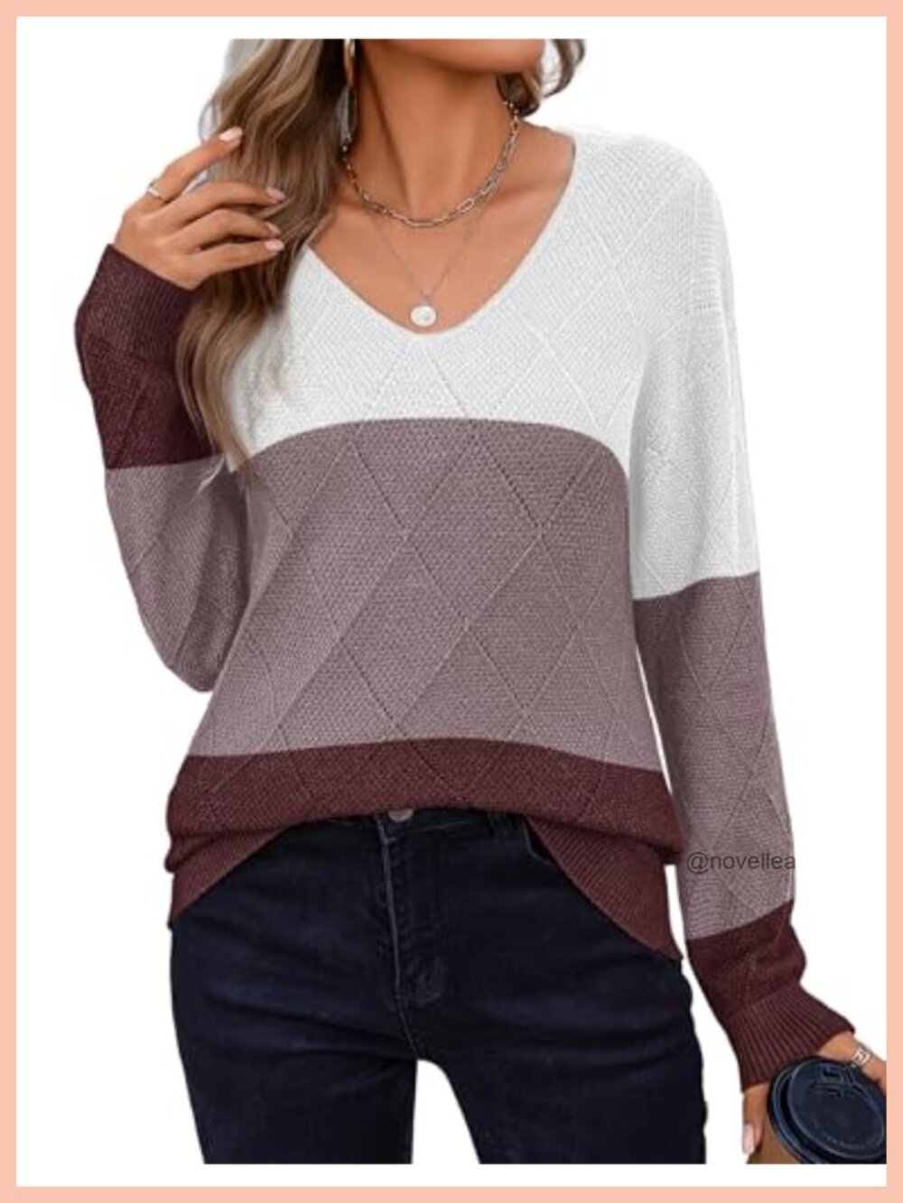 Womens Knit Pullover Sweater V Neck Long Sleeve Lightweight Crochet Top